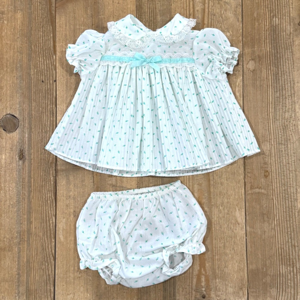 Vintage Baby Girl Pleated Dress and Bloomers Set Floral Lace Trim White Unsized